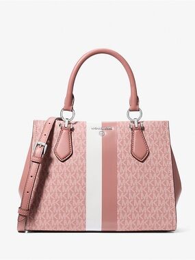 NWT Michael Kors Marilyn Medium Signature Logo Stripe Satchel in ROSE